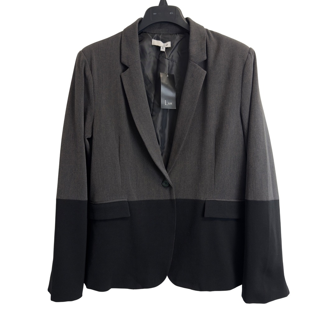 NWT Luii Womens XL Two Tone Colorblock Blazer Charcoal Grey Black Single Button